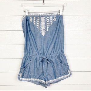 Hollister denim embroidered strapless romper